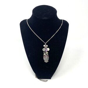 Pewter Owl Charm Pendant 34" Length Whimsical Boho Pink Crystals Beads